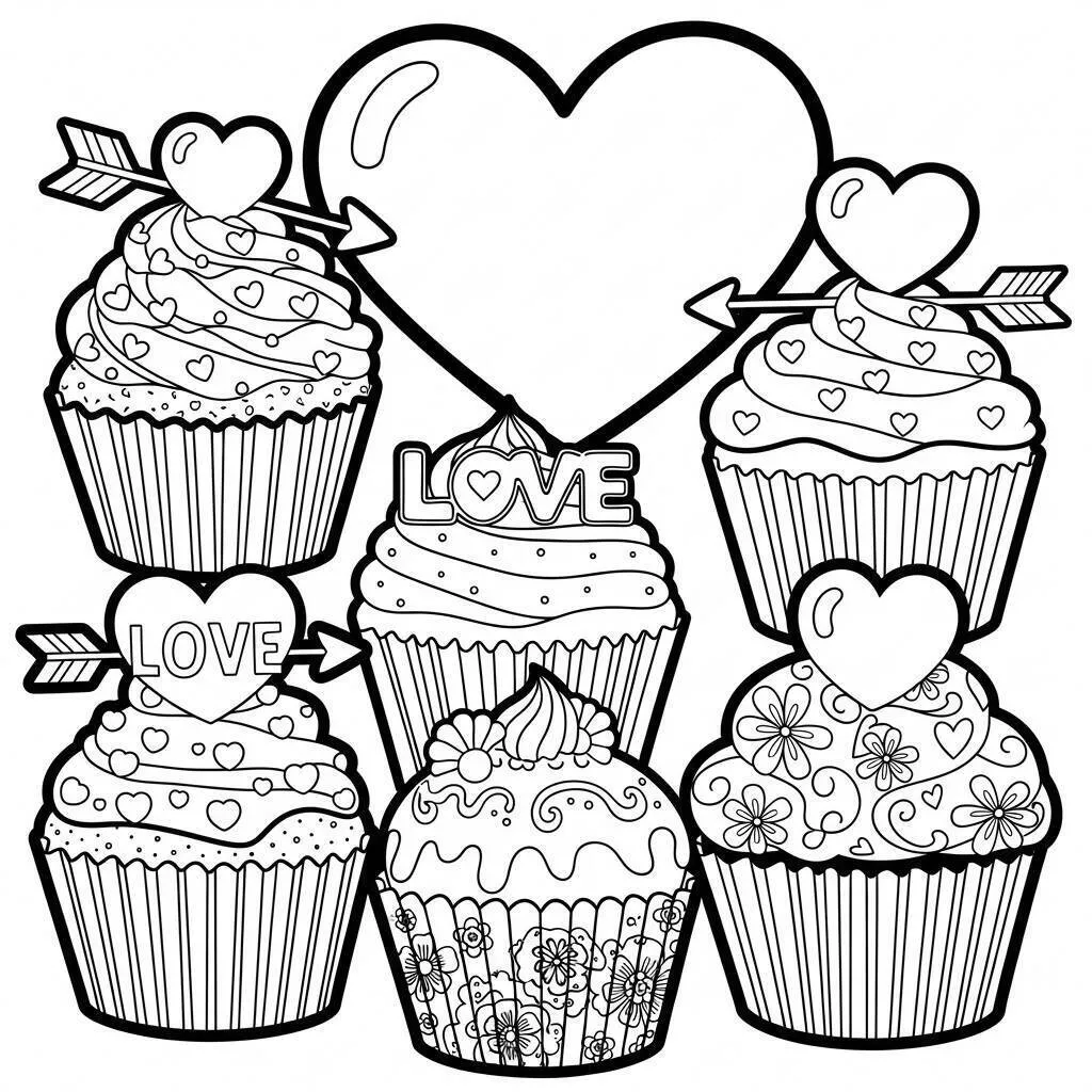 Desenho de Cupcakes com Corações para Colorir