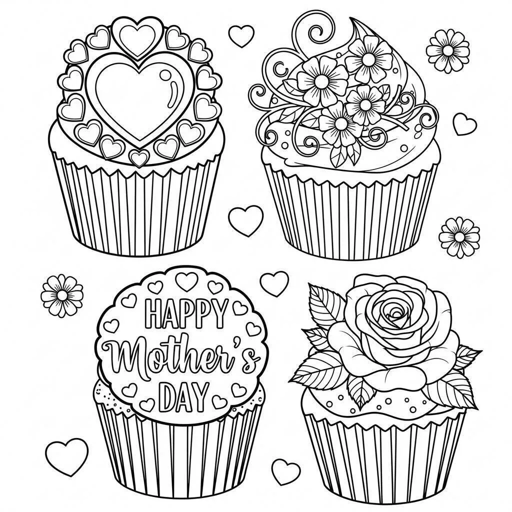 Desenho de Cupcakes para Colorir com Tema de Dia das Mães