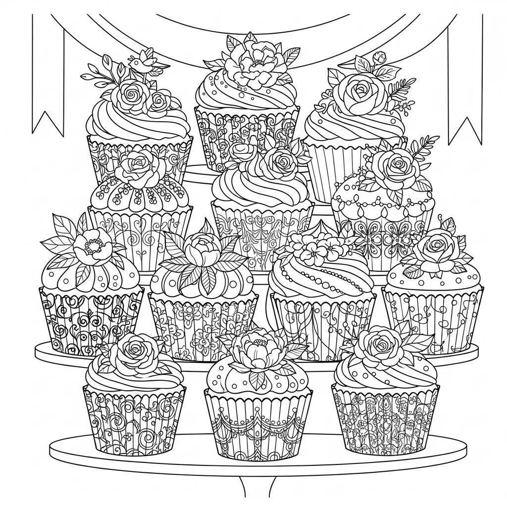 Desenho de Cupcakes Decorados para Colorir