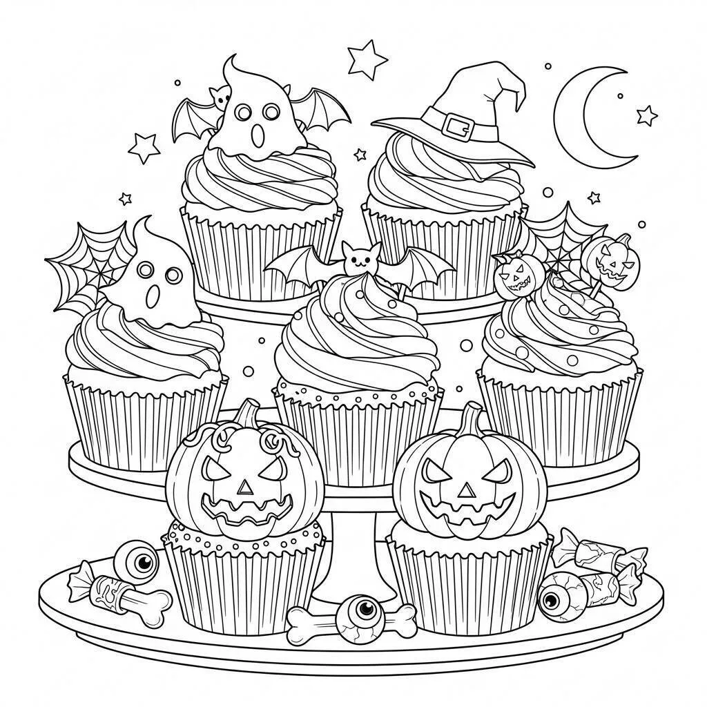 Desenho de Cupcakes de Halloween para Colorir