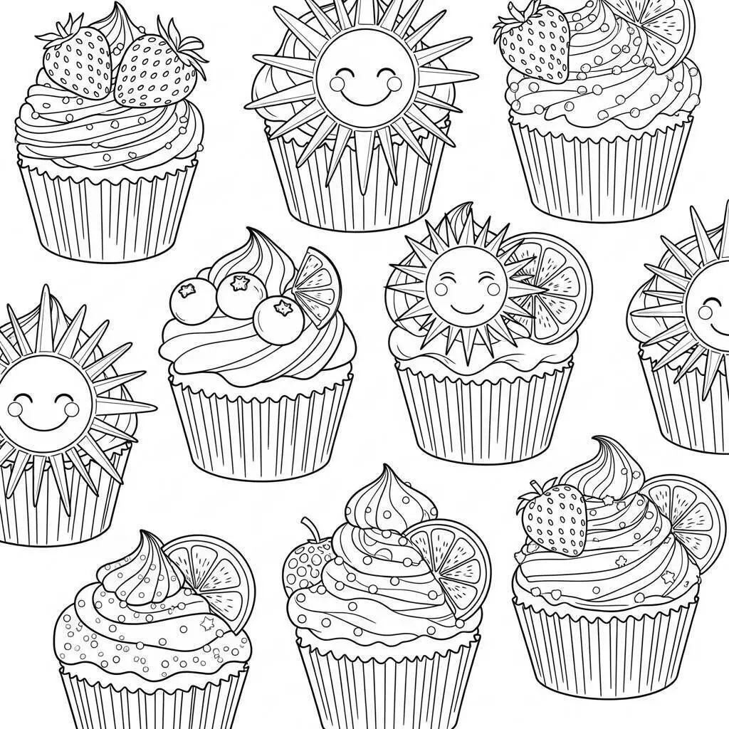 Desenho de Cupcakes Coloridos com Frutas e Sol para Colorir