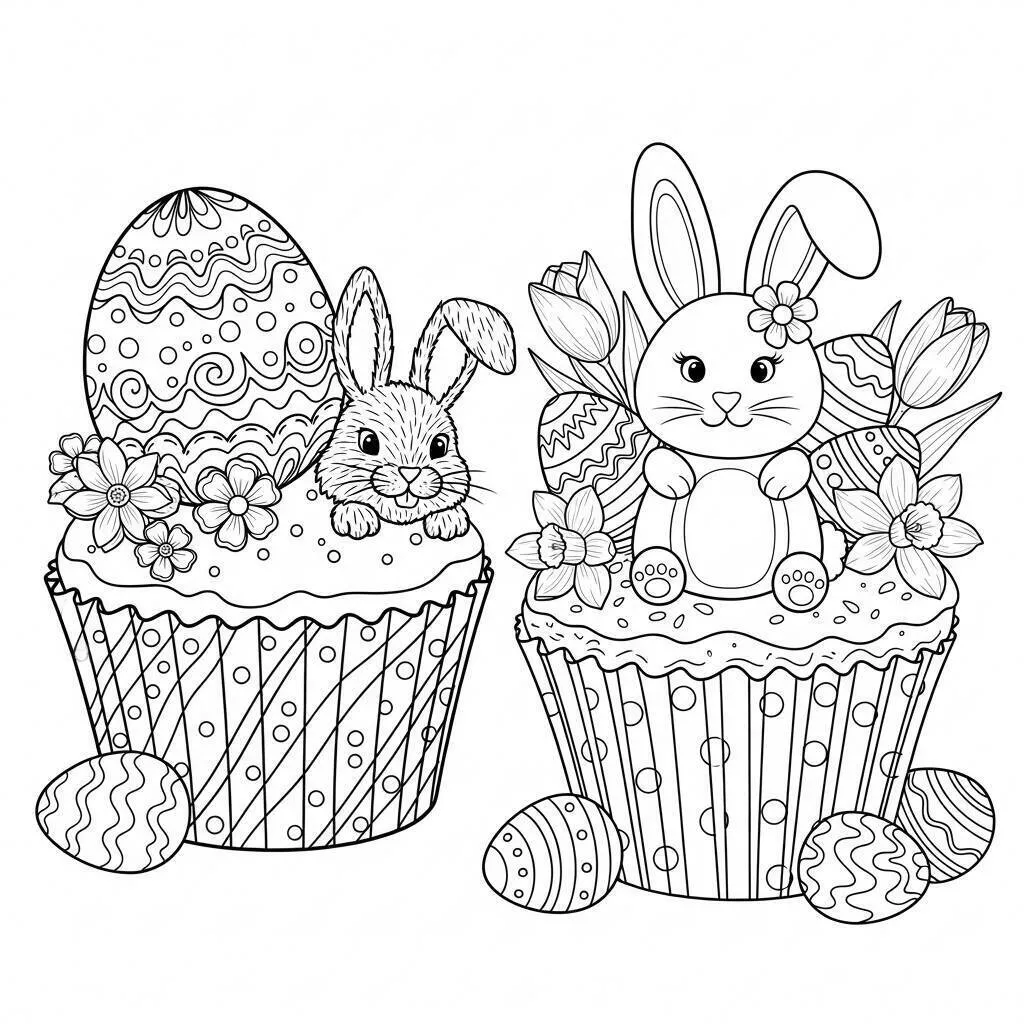 Desenho de Cupcake com Coelho e Ovo de Páscoa para Colorir