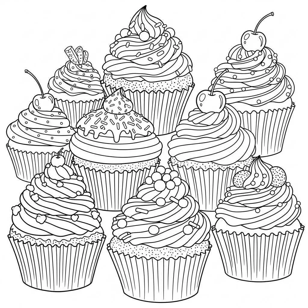 Desenho de Vários Cupcakes para Colorir