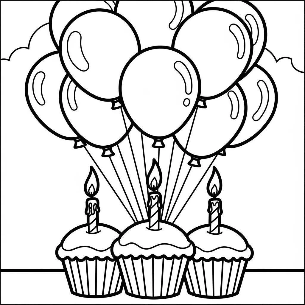 Desenho de Cupcakes com Balões para Colorir