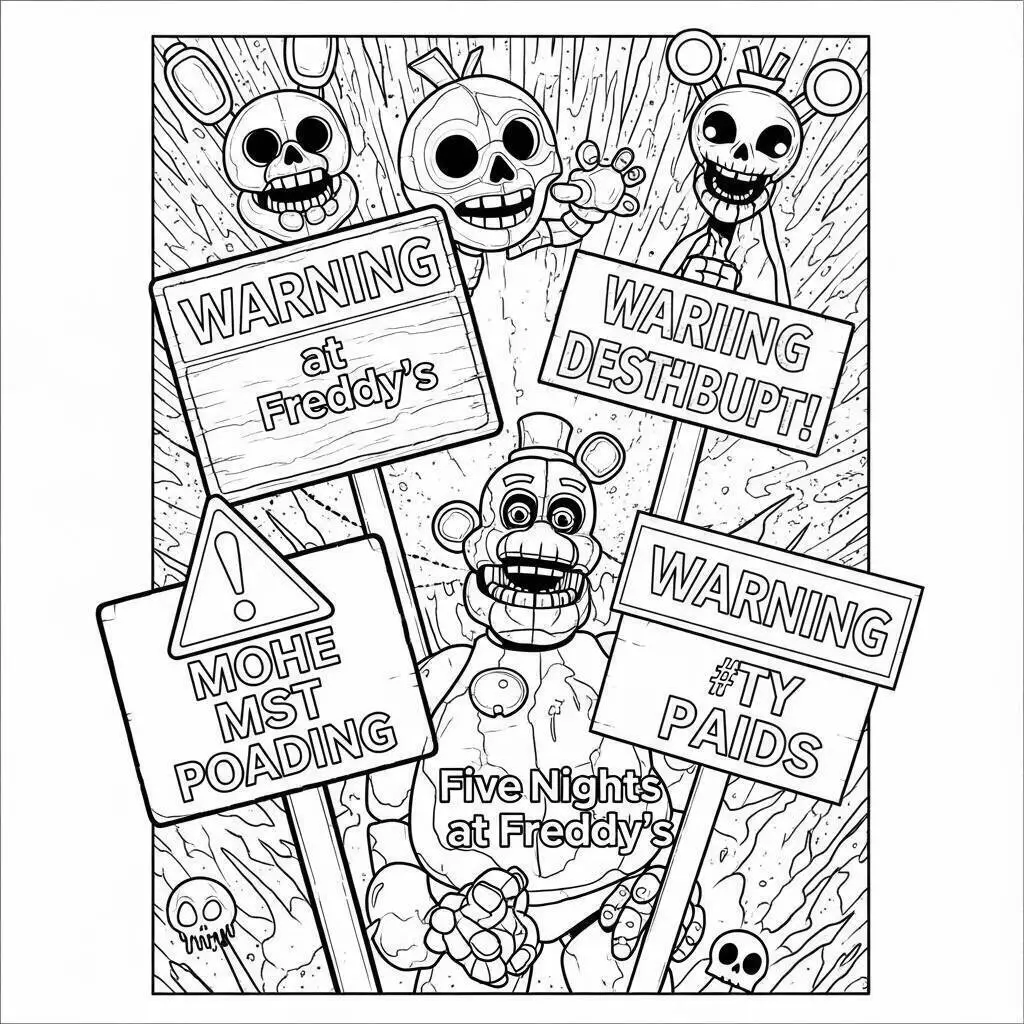 Desenho de Five Nights at Freddy’s (FNAF) com Placas de Aviso para Colorir