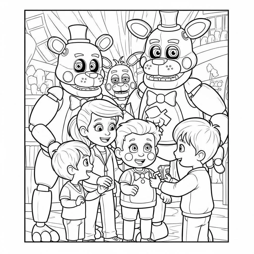 Desenho de Five Nights at Freddy’s (FNAF) com Freddy Fazbear e Crianças para Colorir