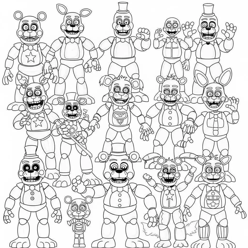 Desenho de Five Nights at Freddy’s (FNAF) com Vários Personagens para Colorir