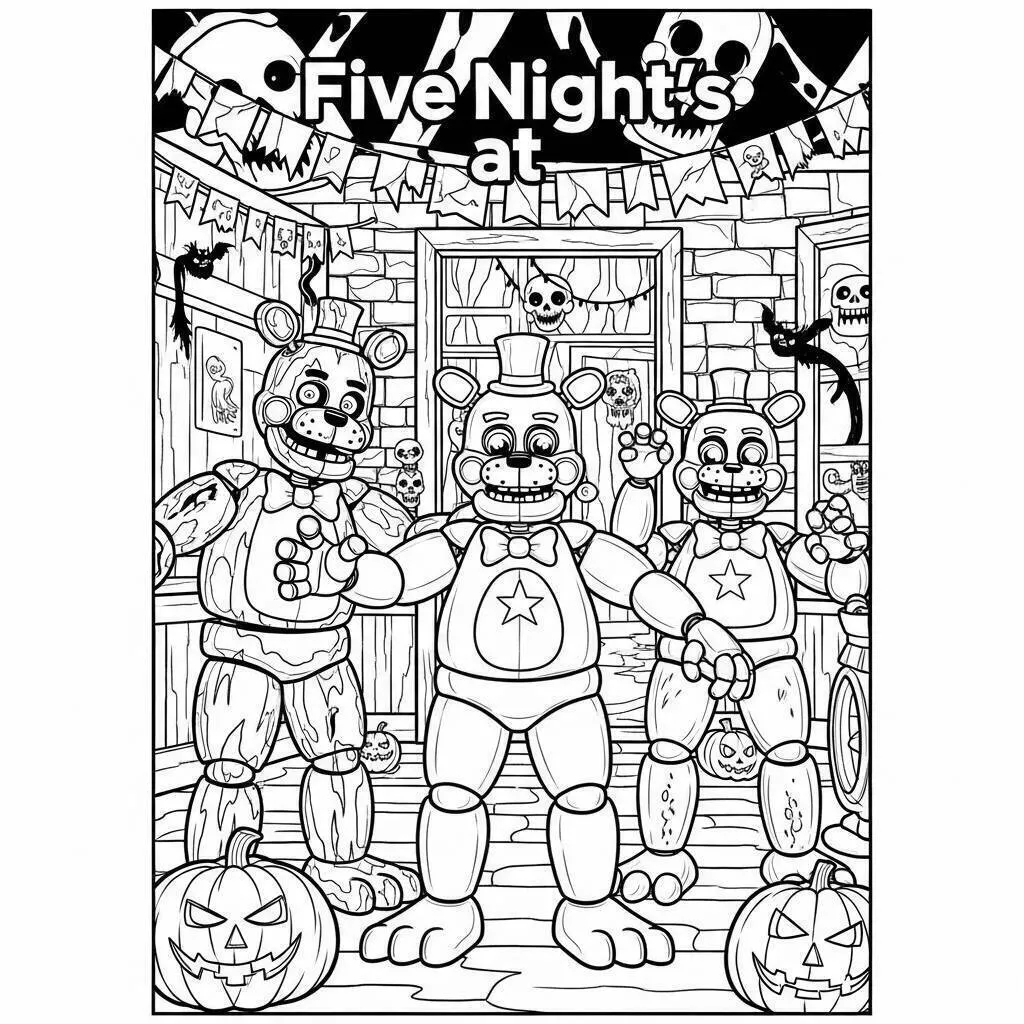 Desenho de Five Nights at Freddy’s (FNAF) com Freddy, Bonnie e Chica para Colorir