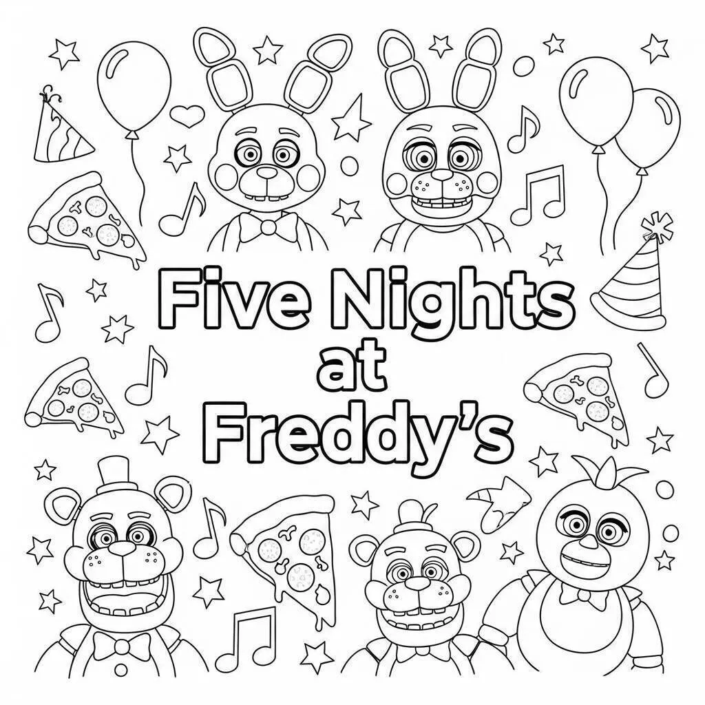 Desenho de Five Nights at Freddy’s (FNAF) com Freddy, Bonnie e Chica para Colorir