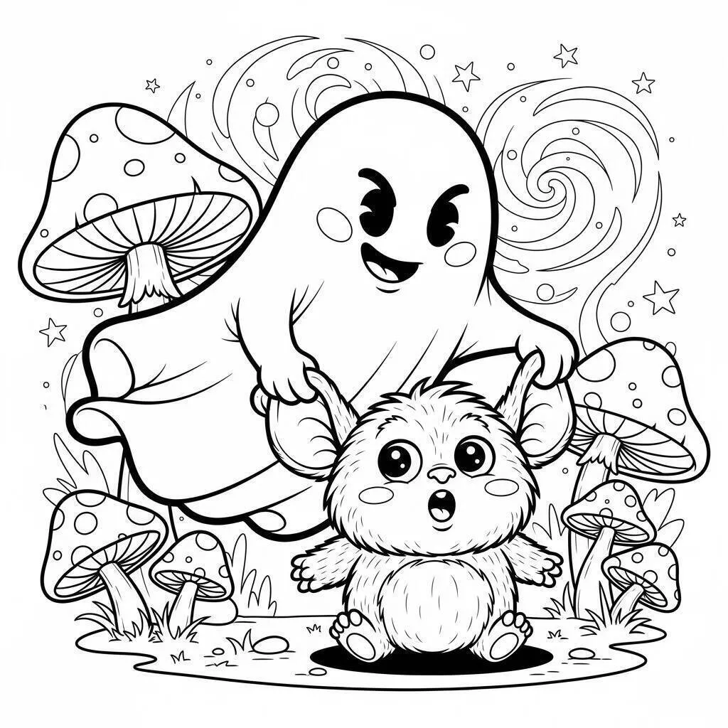 Desenho de Fantasma Amigável com Criatura Fofa para Colorir