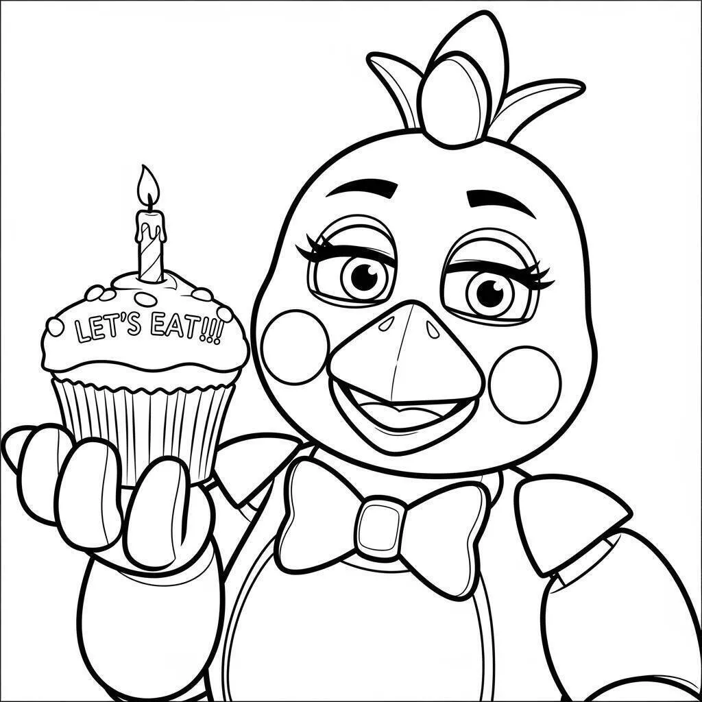 Desenho de Five Nights at Freddy’s (FNAF) da Chica a Galinha com Cupcake para Colorir