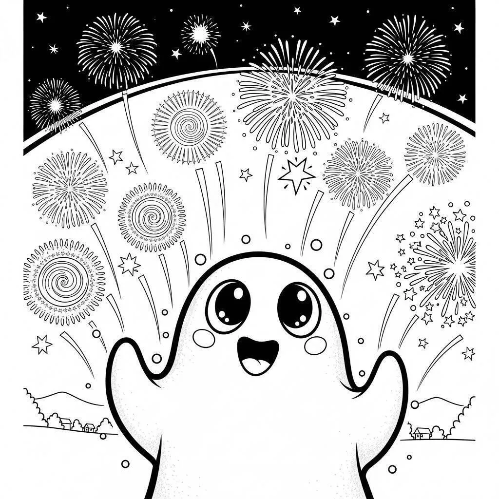 Desenho de Fantasma Feliz com Fogos de Artifício para Colorir