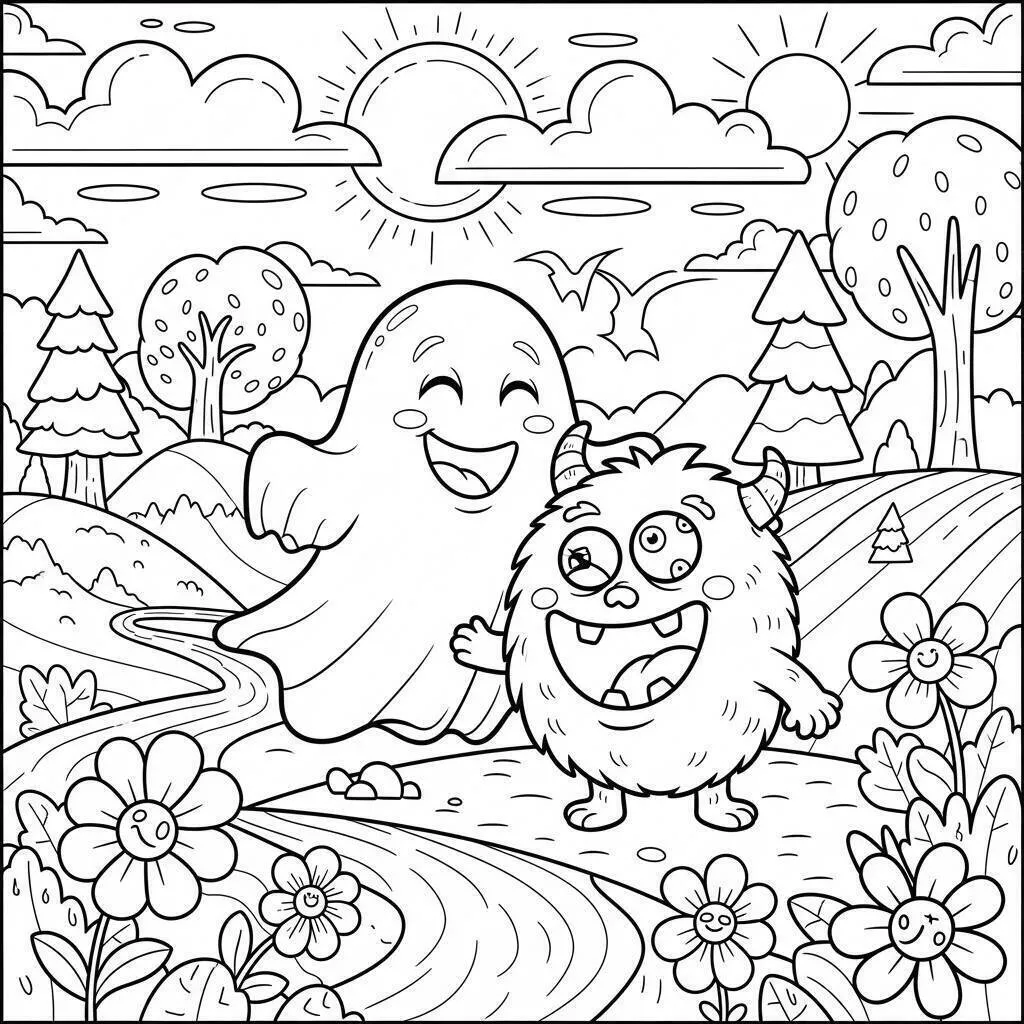 Desenho de Fantasma Amigável e Monstro Divertido para Colorir