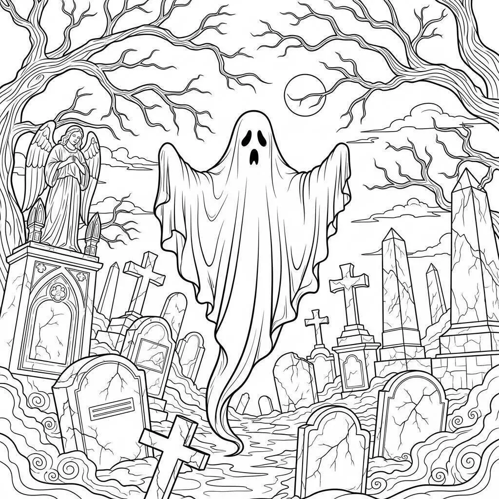 Desenho de Fantasma Assustador no Cemitério para Colorir