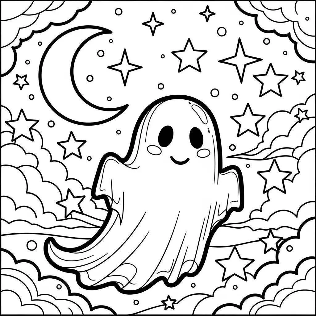 Desenho de Fantasma Sorridente Sob o Céu Estrelado para Colorir