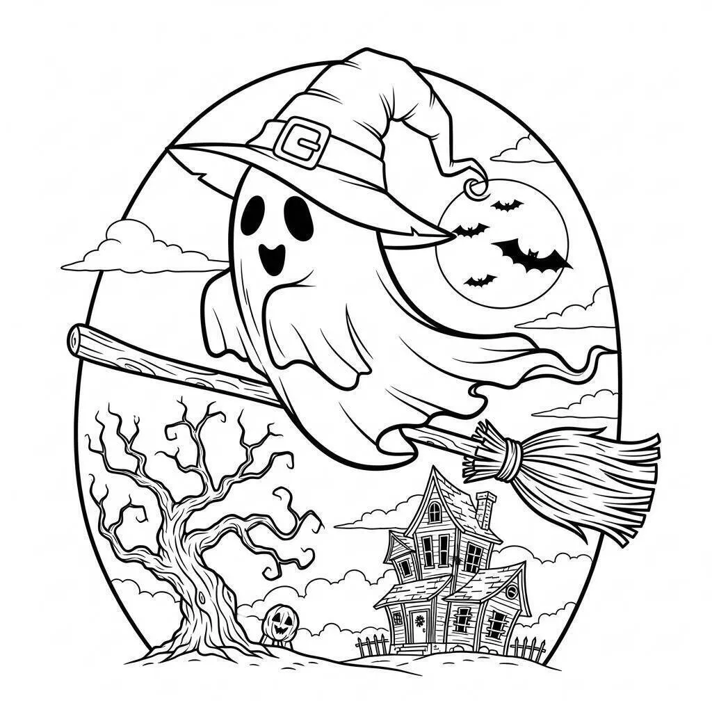 Desenho de Fantasma Voador com Vassoura e Casa Assombrada para Colorir