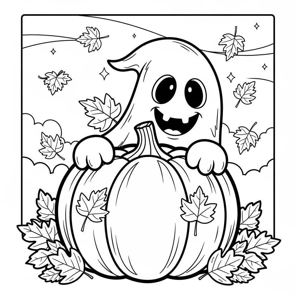 Desenho de Fantasma Brincalhão com Abóbora e Folhas para Colorir