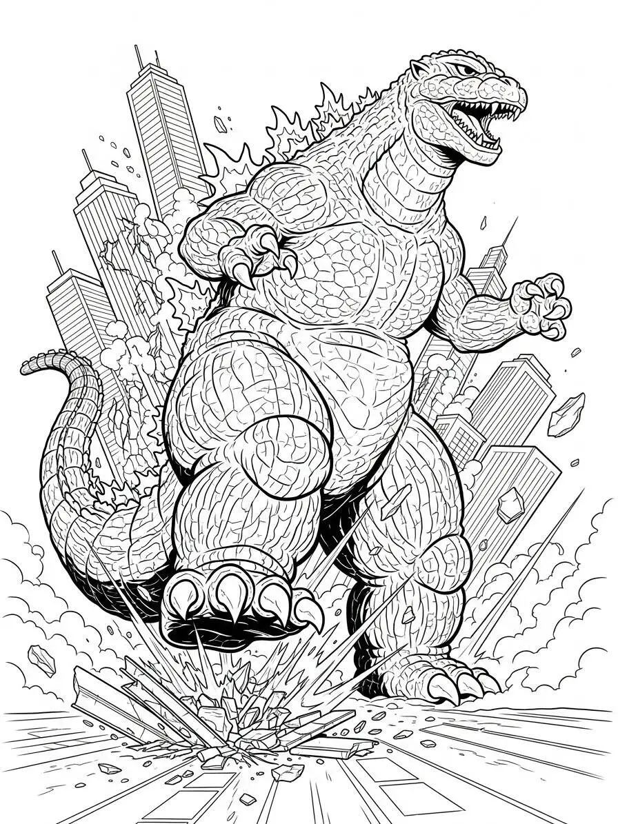 Desenho de Godzilla Aterrorizando a Cidade para Colorir