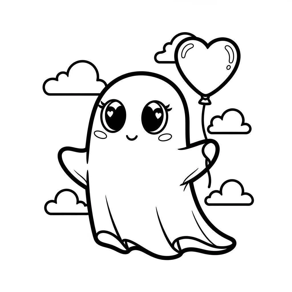 Desenho de Fantasma Fofo com Balão para Colorir