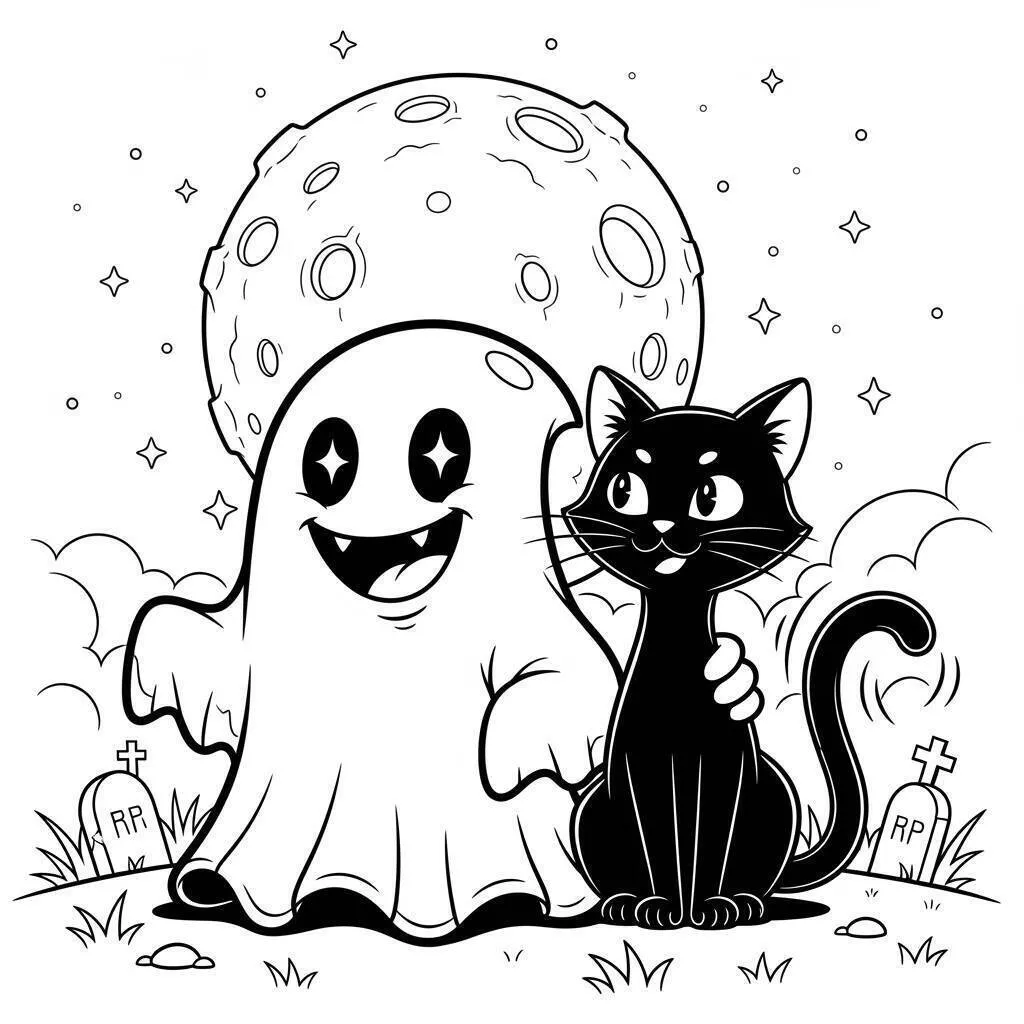 Desenho de Fantasma Amigável com Gato para Colorir
