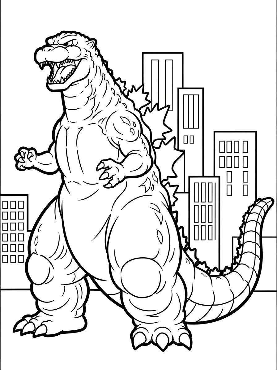 Desenho de Godzilla em Pé entre Edifícios para Colorir
