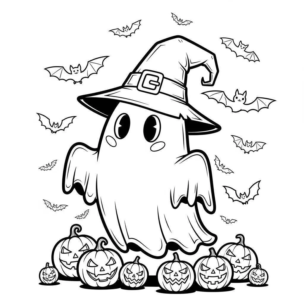 Desenho de Fantasma com Chapéu de Bruxa e Abóboras para Colorir