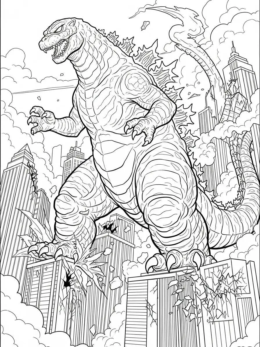 Desenho de Godzilla Gigante Aterrorizando a Cidade para Colorir