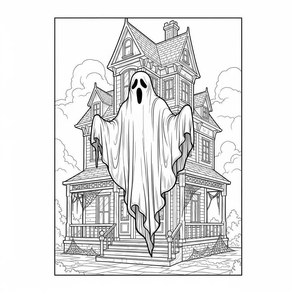 Desenho de Fantasma Assustador na Casa Mal Assombrada para Colorir