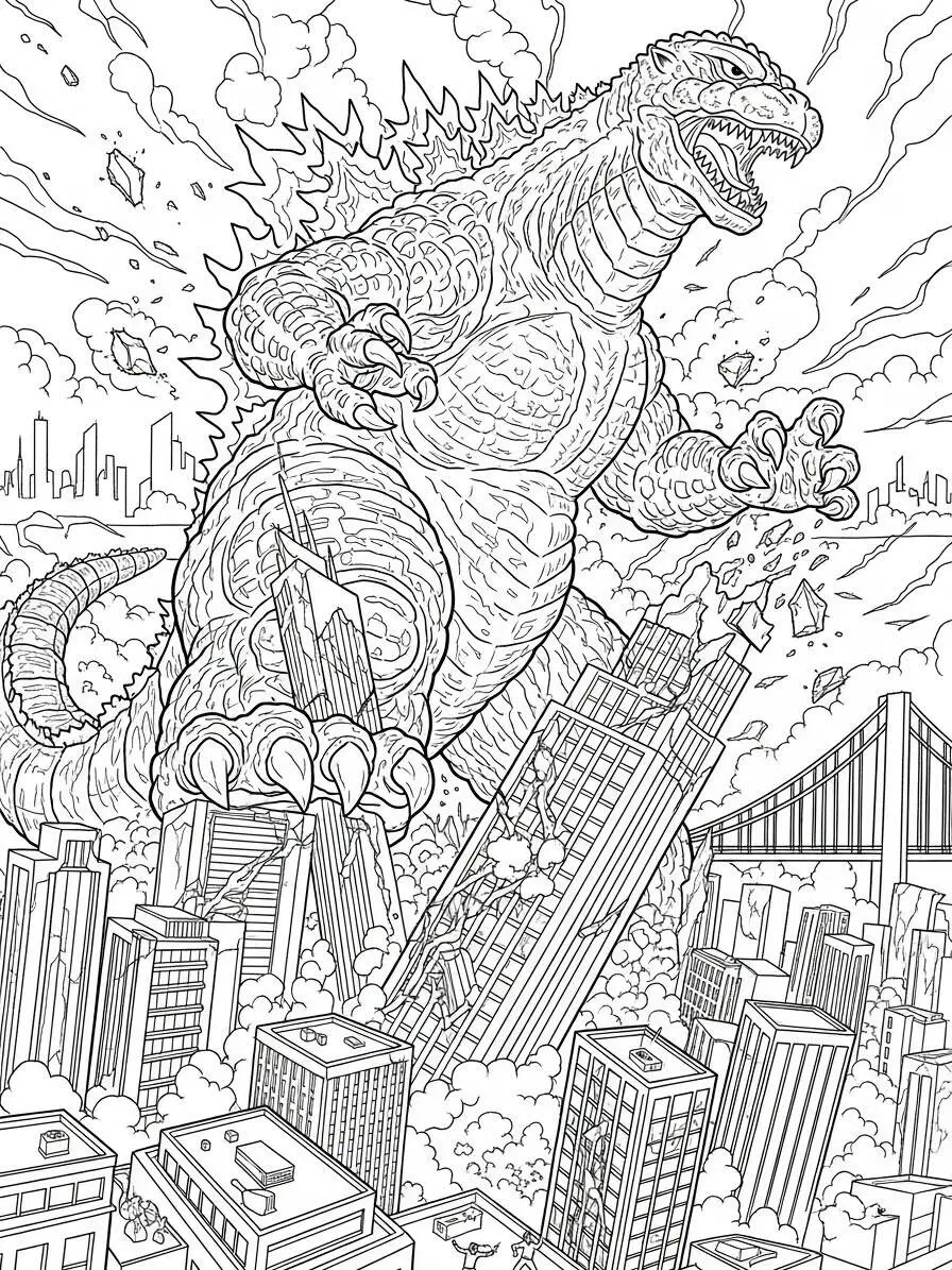 Desenho de Godzilla Aterrorizando a Cidade para Colorir