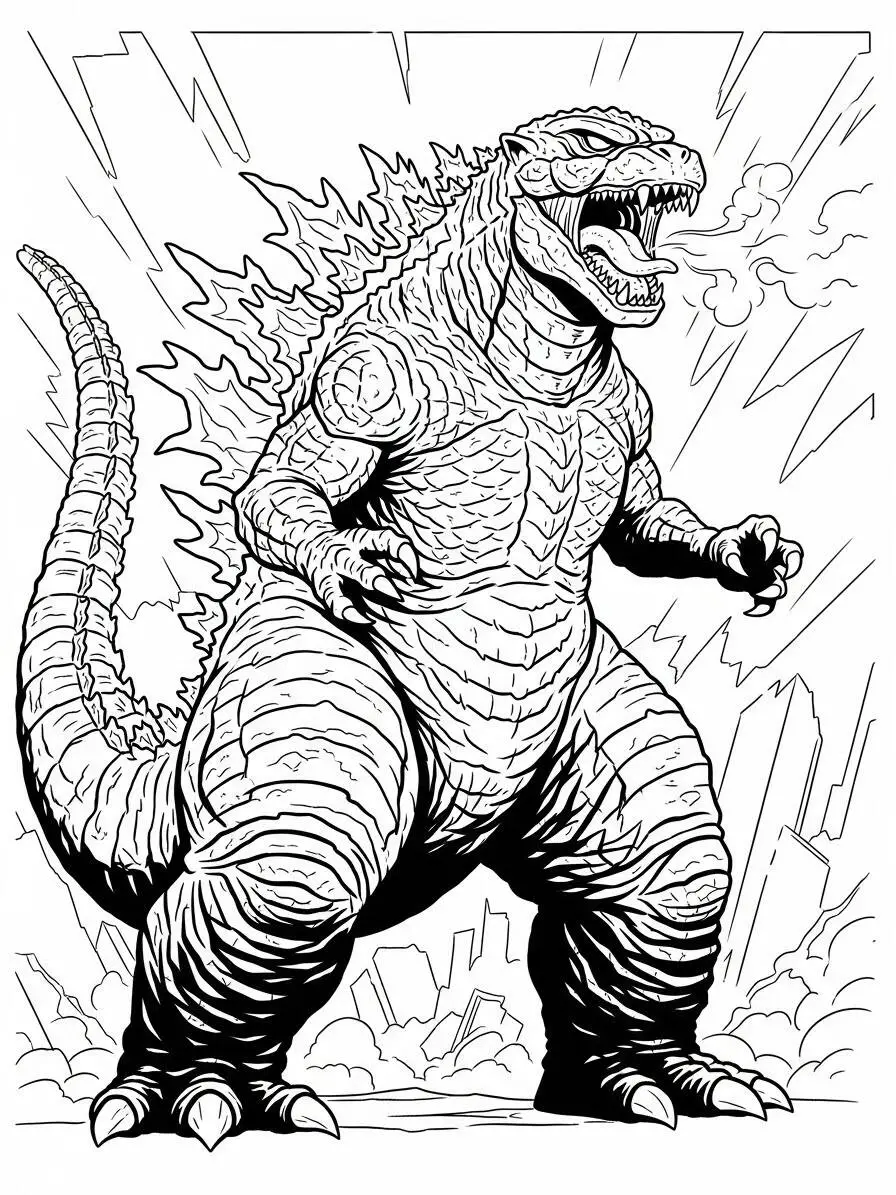 Desenho de Godzilla em Ação com Fumaça para Colorir