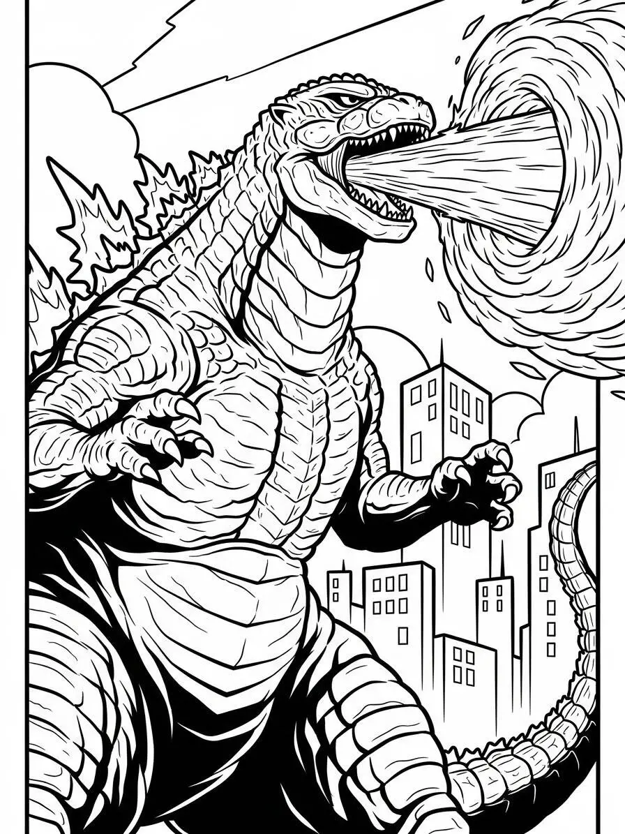 Desenho de Godzilla Lançando Fogo na Cidade para Colorir