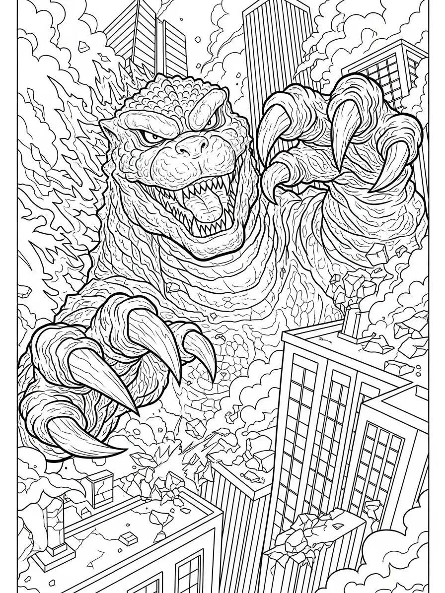 Godzilla aterrorizando la ciudad Dibujo para colorear