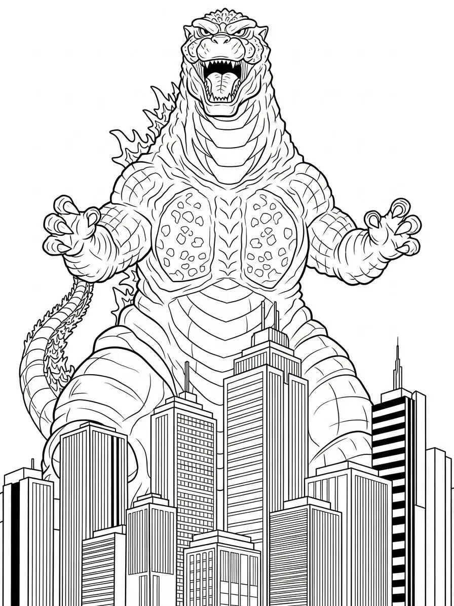 Dibujo para colorear Godzilla gigante aterrorizando la ciudad