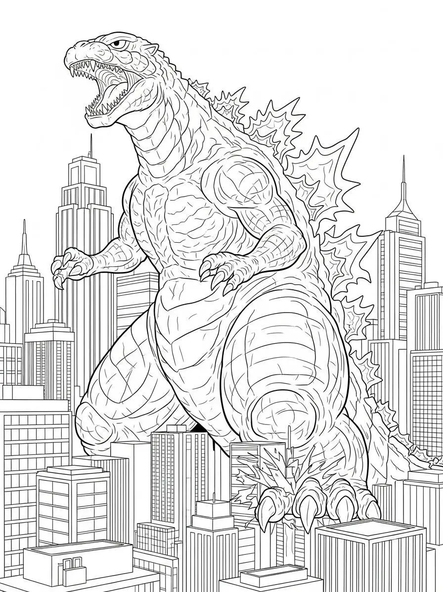 Desenho de Godzilla Gigante Aterrorizando a Cidade para Colorir