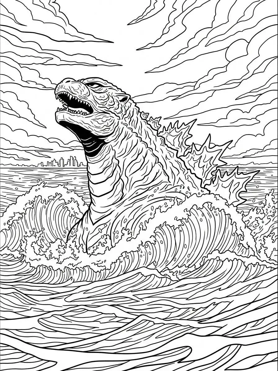 Desenho de Godzilla Emergindo do Mar para Colorir