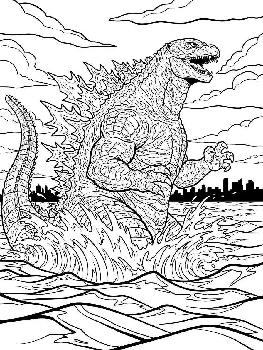 Desenho de Godzilla Emergindo do Mar para Colorir