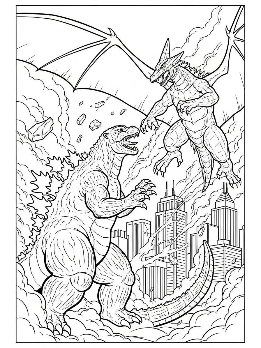 Desenho de Godzilla e Ghidorah em Batalha para Colorir