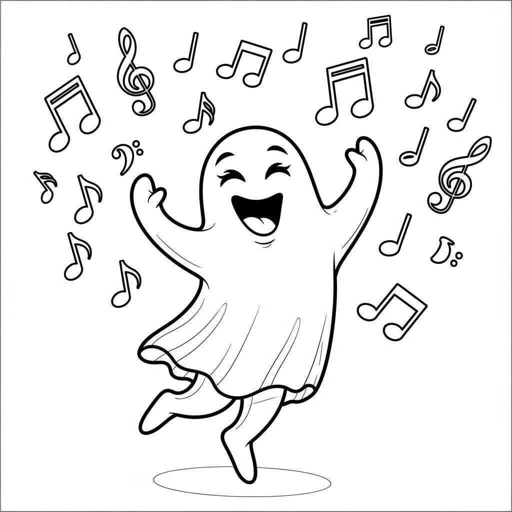 Desenho de Fantasminha Feliz Dançando com Notas Musicais para Colorir