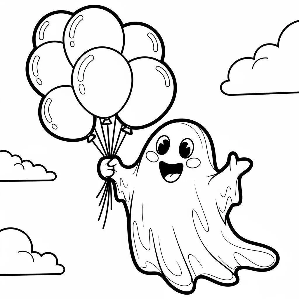 Desenho de Girassol com Fantasminha e Balões para Colorir