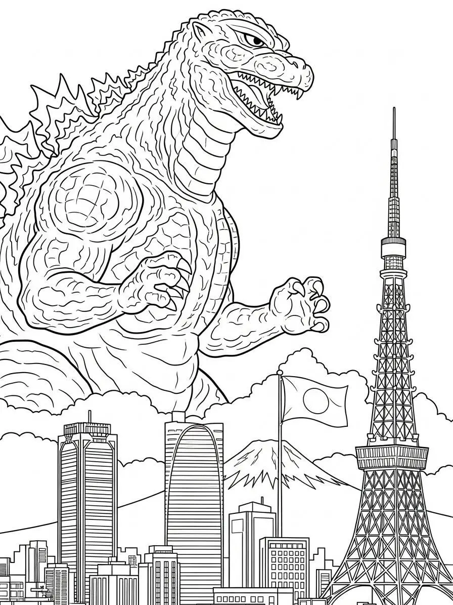 Desenho de Godzilla Gigante em Frente à Torre de Tóquio para Colorir