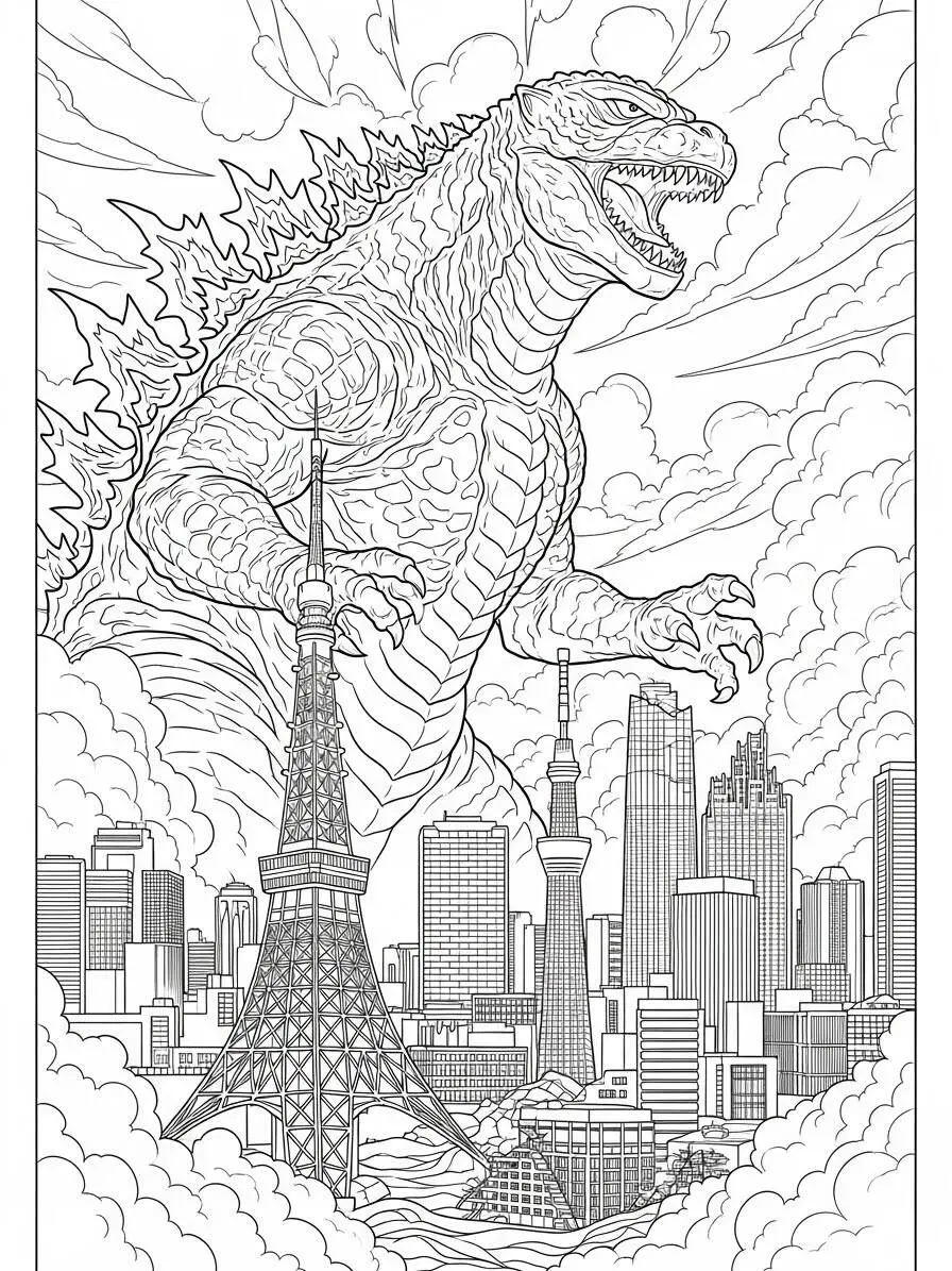 Desenho de Godzilla Dominando a Cidade com Nuvens para Colorir