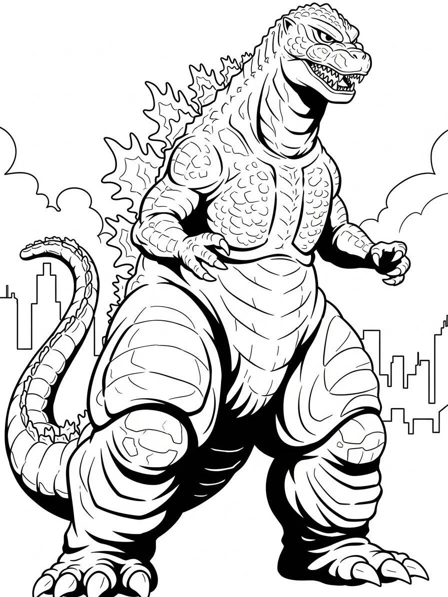 Desenho de Godzilla Gigante em Pé na Cidade para Colorir