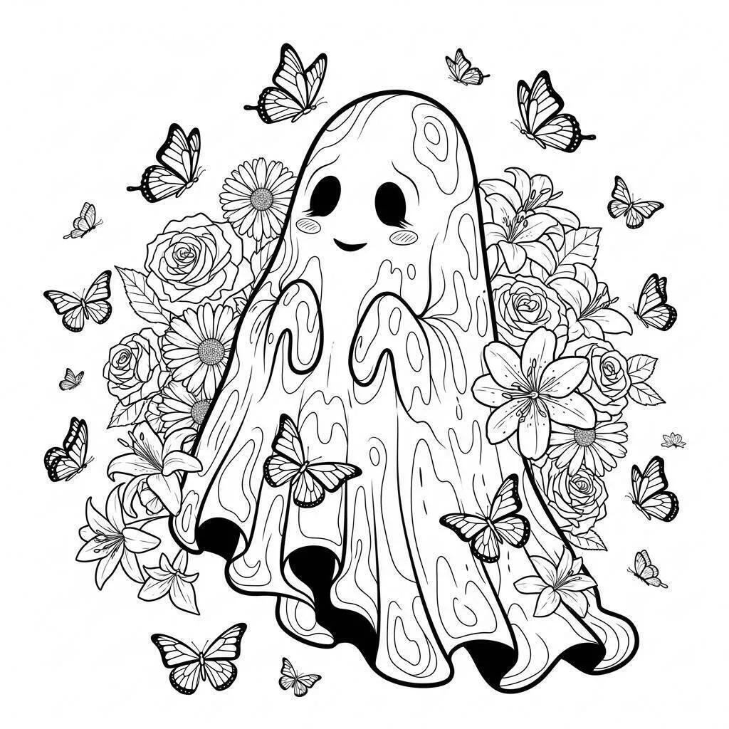 Desenho de Girassol com Fantasminha Divertido para Colorir