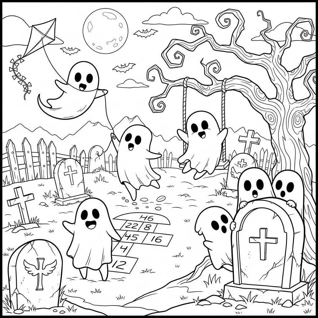 Desenho de Girassol com Fantasminhas para Colorir