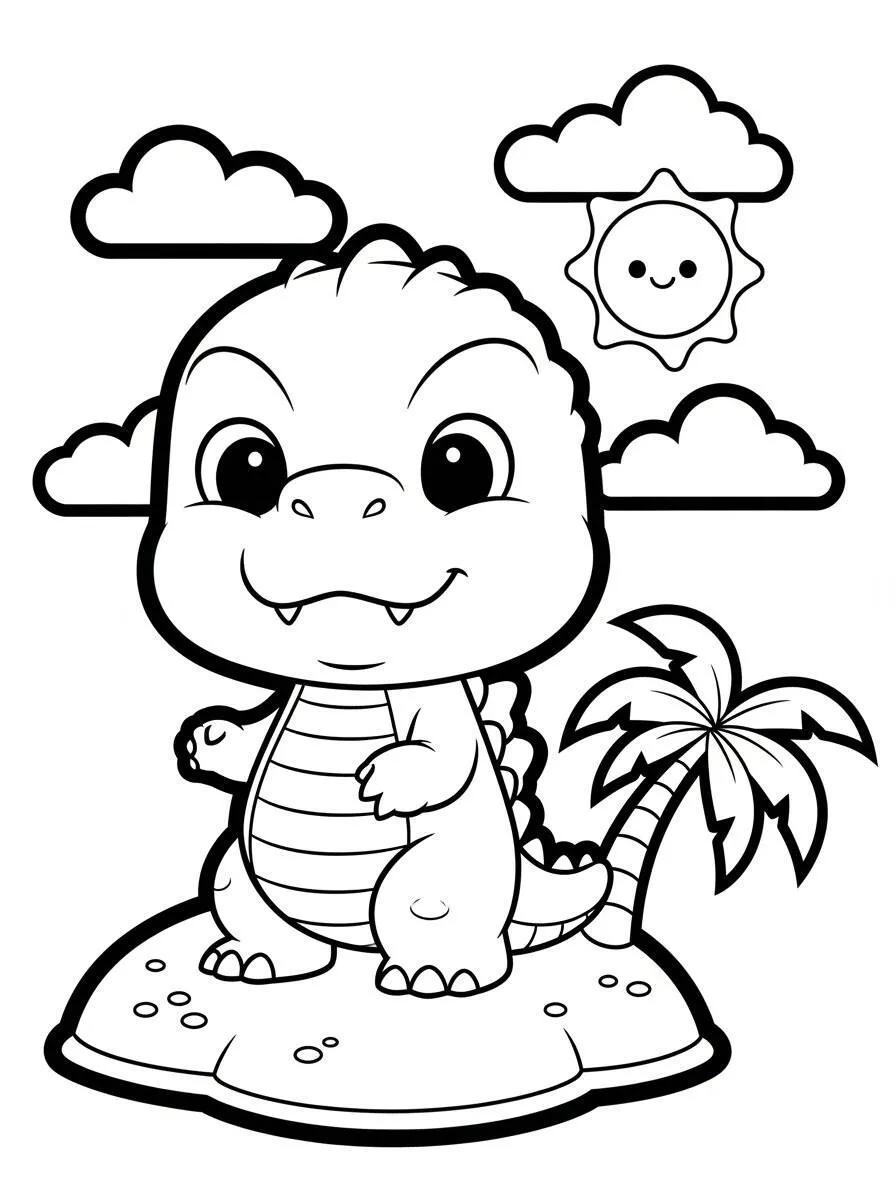 Desenho de Godzilla Kawaii na Praia para Colorir