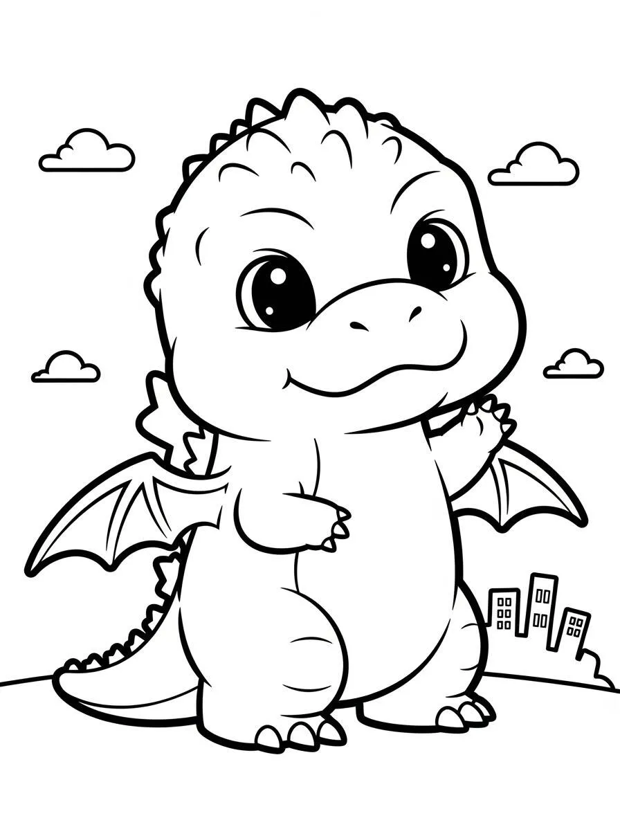 Desenho de Godzilla Fofo com Asas para Colorir