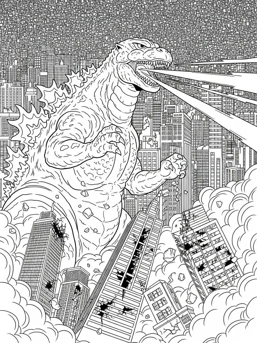 Desenho de Godzilla Lançando Raios de Energia em uma Cidade para Colorir