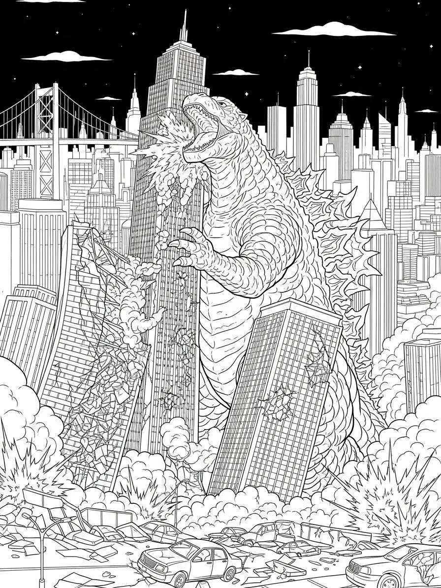 Desenho de Godzilla a Atacar a Cidade para Colorir