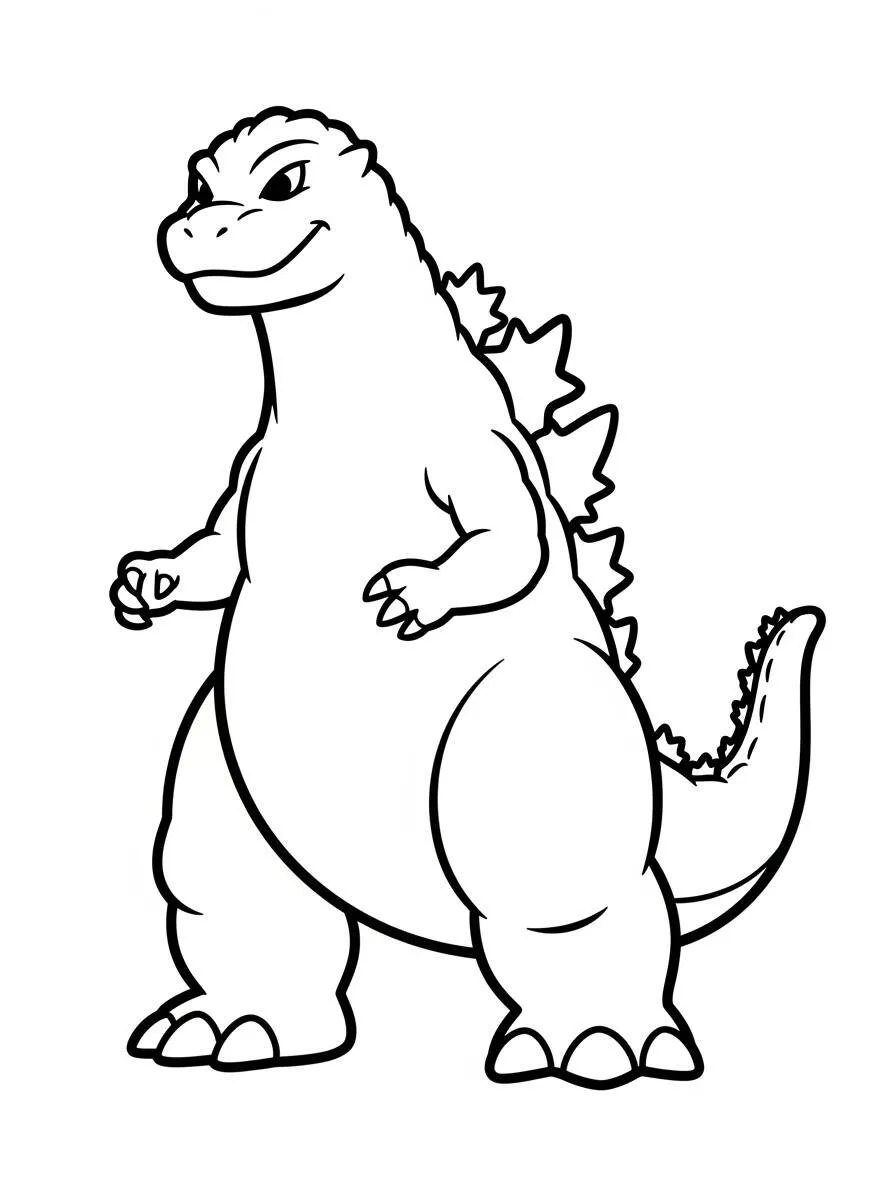 Desenho de Godzilla Pronto para Colorir com Sorriso Amigável