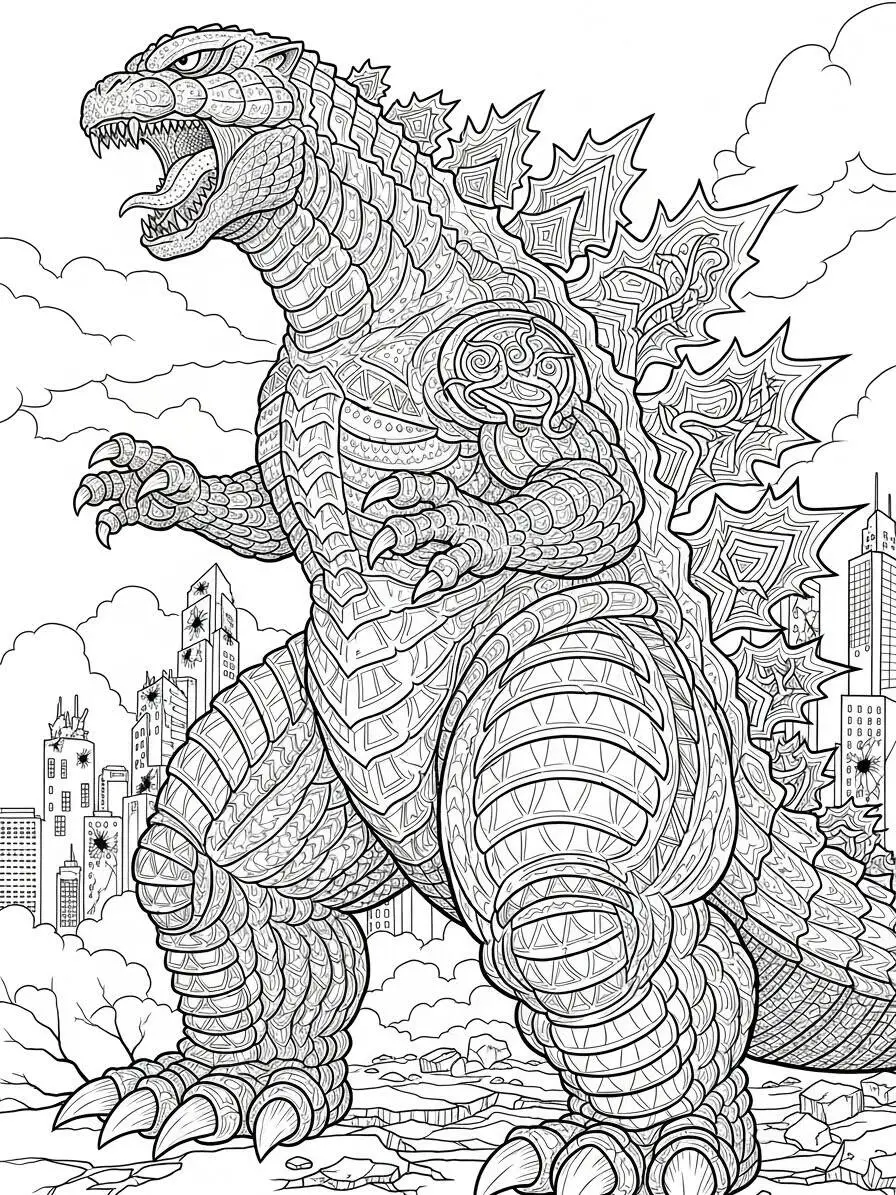 Desenho de Godzilla Gigante em Meio às Ruínas para Colorir